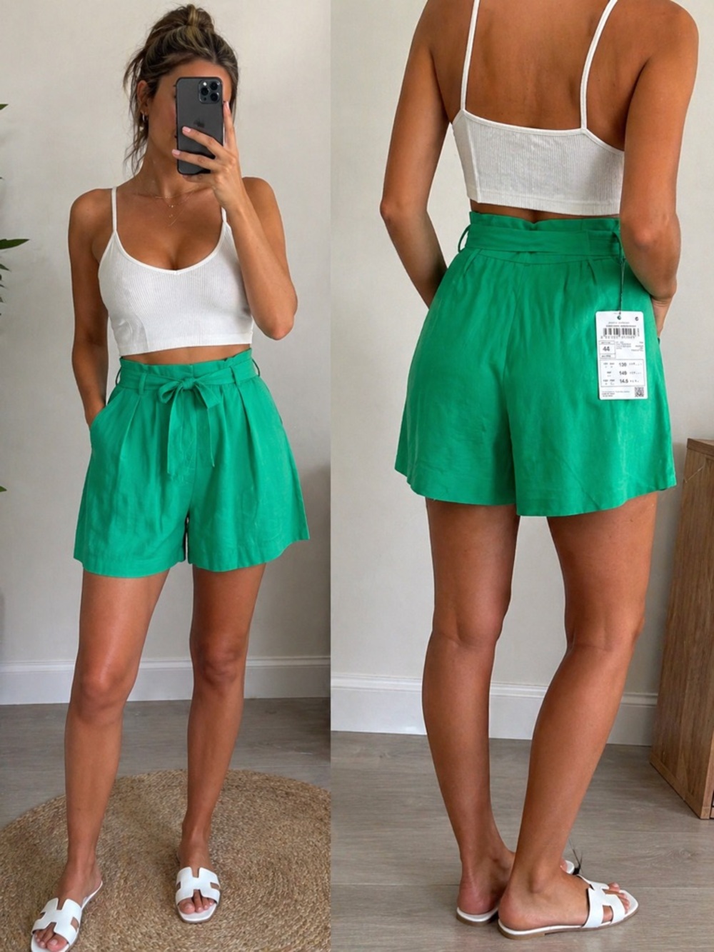 High-Waist Paperbag Tie Shorts in Emerald Green